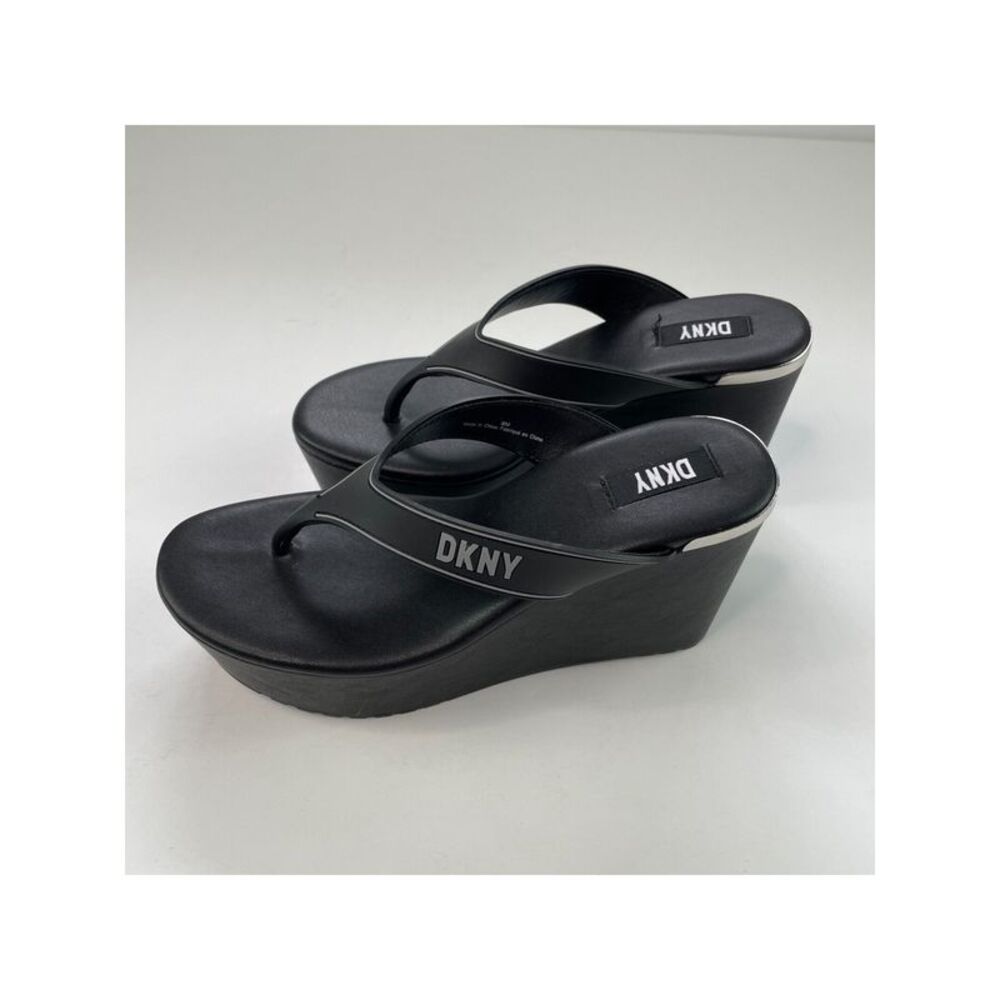 DKNY Black Platform Wedge Flip Flop Sandals
